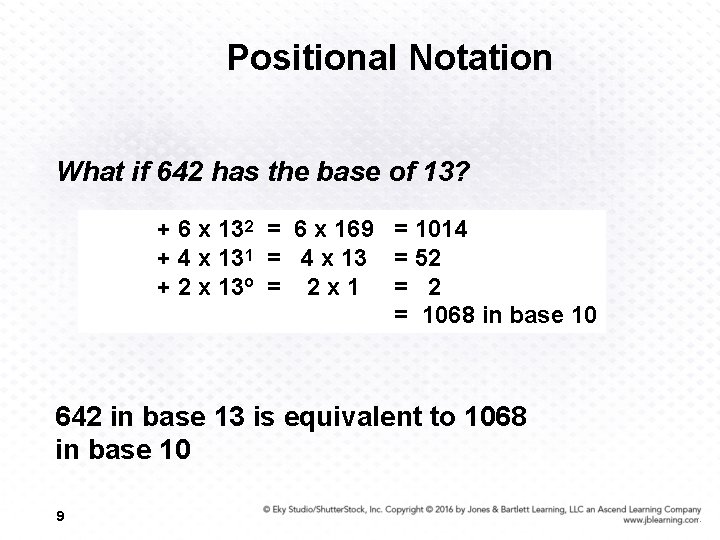 Positional Notation What if 642 has the base of 13? + 6 x 132