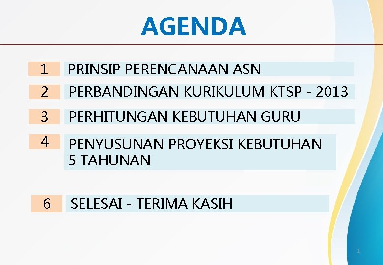 AGENDA 1 PRINSIP PERENCANAAN ASN 2 PERBANDINGAN KURIKULUM KTSP - 2013 3 PERHITUNGAN KEBUTUHAN