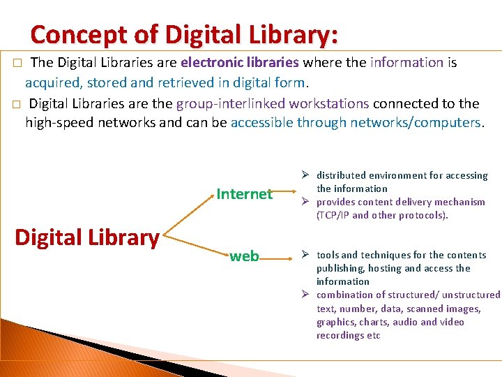 Concept of Digital Library: The Digital Libraries are electronic libraries where the information is