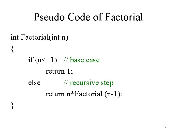 Pseudo Code of Factorial int Factorial(int n) { if (n<=1) // base case return