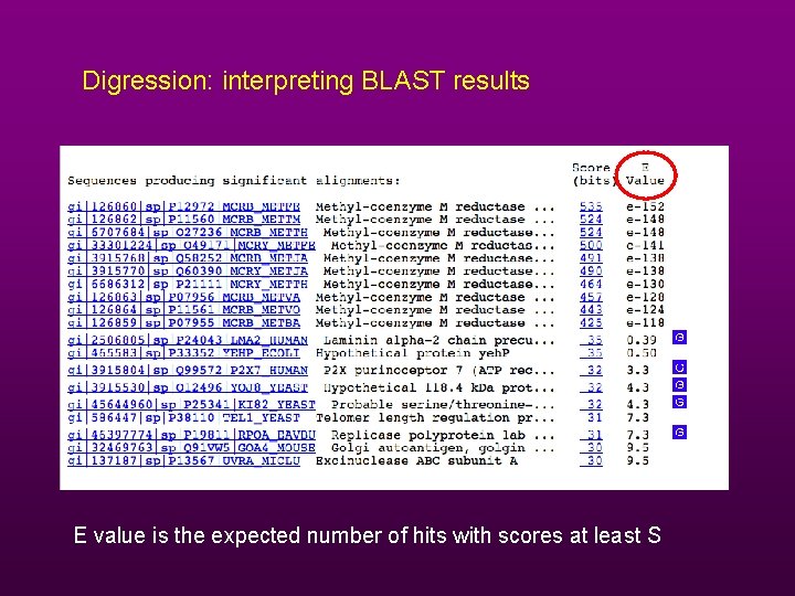 Digression: interpreting BLAST results E value is the expected number of hits with scores