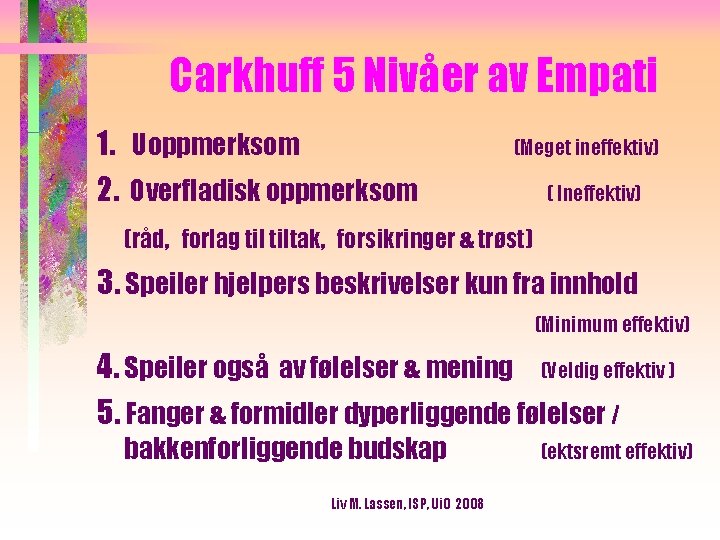 Carkhuff 5 Nivåer av Empati 1. Uoppmerksom 2. Overfladisk oppmerksom (Meget ineffektiv) ( Ineffektiv)