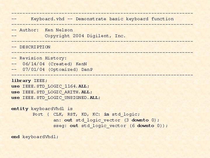 ---------------------------------Keyboard. vhd -- Demonstrate basic keyboard function --------------------------------- Author: Ken Nelson -Copyright 2004 Digilent,