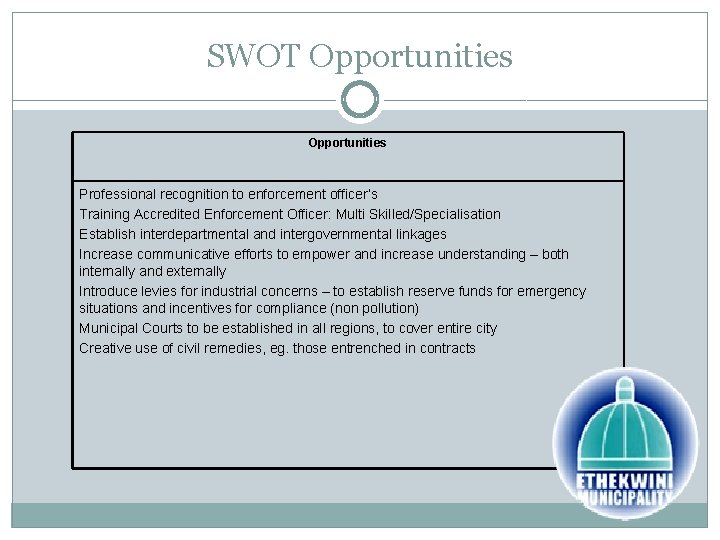SWOT Opportunities Professional recognition to enforcement officer’s Training Accredited Enforcement Officer: Multi Skilled/Specialisation Establish