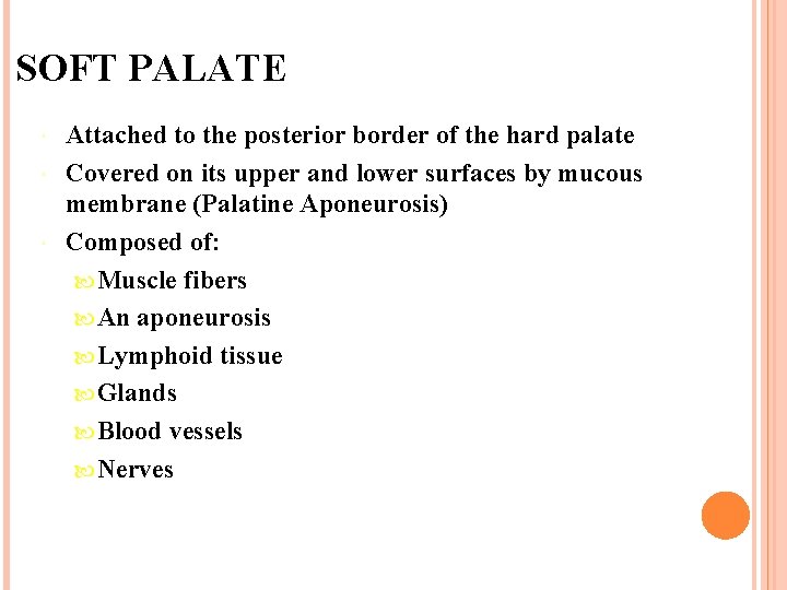 SOFT PALATE Attached to the posterior border of the hard palate Covered on its