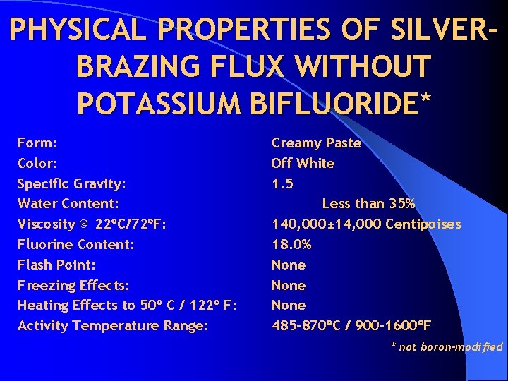 PHYSICAL PROPERTIES OF SILVERBRAZING FLUX WITHOUT POTASSIUM BIFLUORIDE* Form: Color: Specific Gravity: Water Content:
