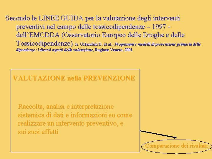 Secondo le LINEE GUIDA per la valutazione degli interventi preventivi nel campo delle tossicodipendenze