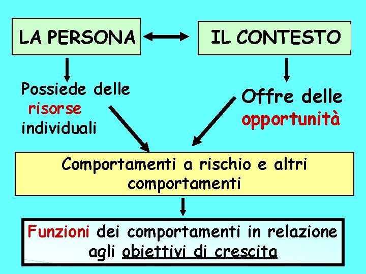 LA PERSONA Possiede delle risorse individuali IL CONTESTO Offre delle opportunità Comportamenti a rischio