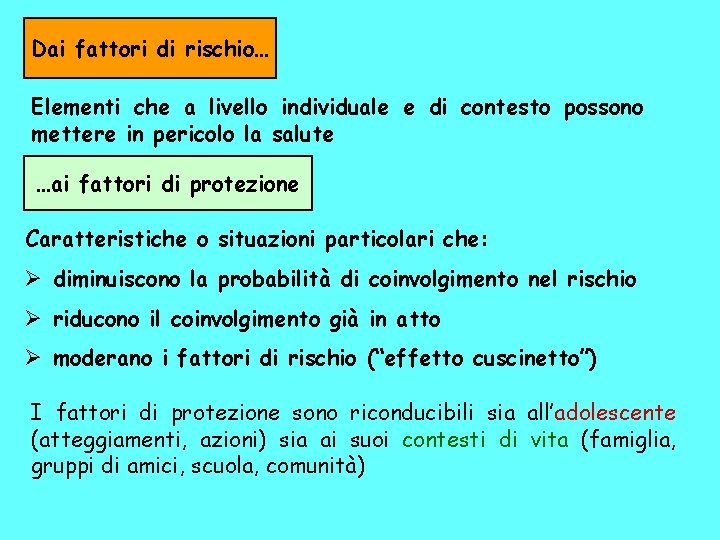 Dai fattori di rischio… Elementi che a livello individuale e di contesto possono mettere