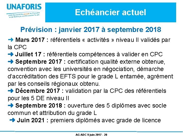 Echéancier actuel Prévision : janvier 2017 à septembre 2018 ➜ Mars 2017 : référentiels