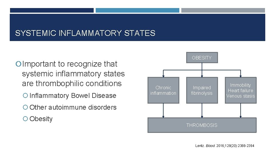 SYSTEMIC INFLAMMATORY STATES OBESITY Important to recognize that systemic inflammatory states are thrombophilic conditions