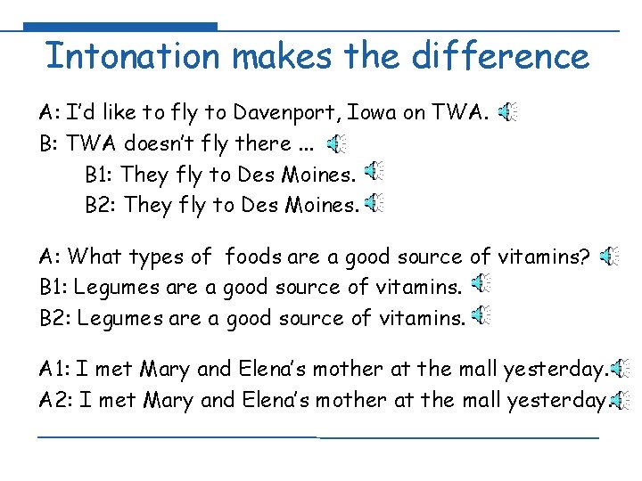 Intonation makes the difference A: I’d like to fly to Davenport, Iowa on TWA.