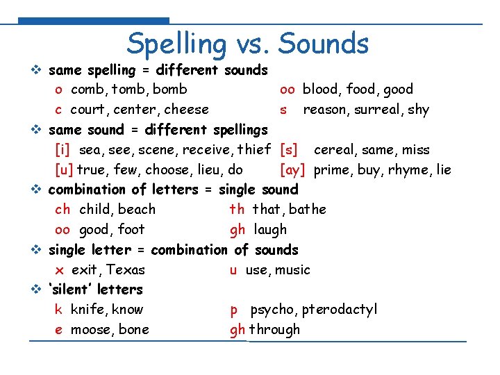Spelling vs. Sounds v same spelling = different sounds o comb, tomb, bomb oo