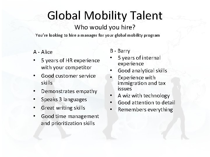 Global Mobility Talent Who would you hire? You’re looking to hire a manager for