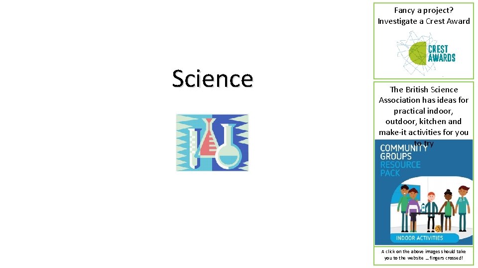 Fancy a project? Investigate a Crest Award Science The British Science Association has ideas