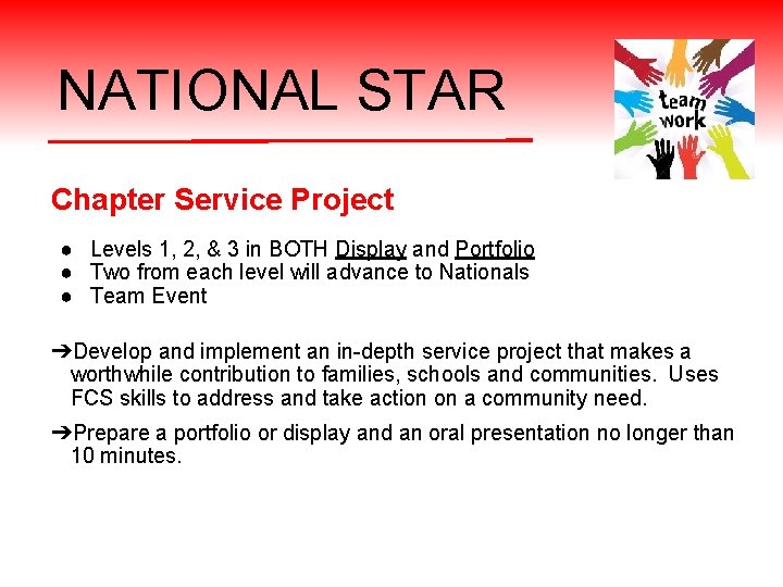 NATIONAL STAR Chapter Service Project ● Levels 1, 2, & 3 in BOTH Display