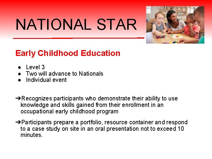 NATIONAL STAR Early Childhood Education ● Level 3 ● Two will advance to Nationals