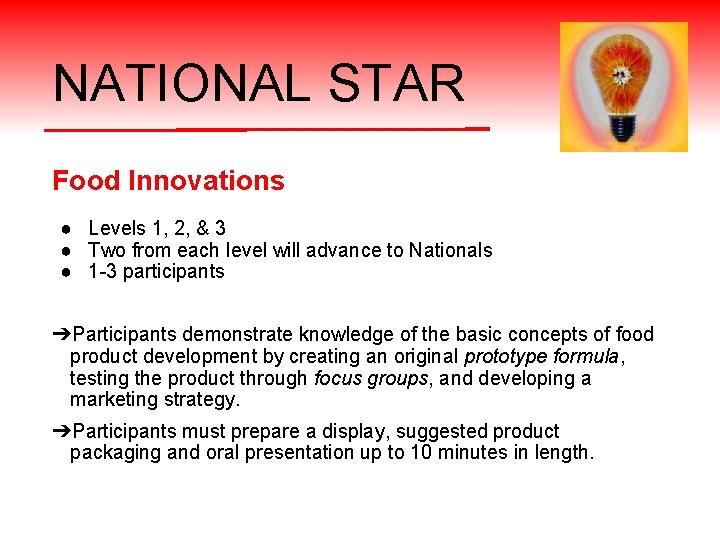 NATIONAL STAR Food Innovations ● Levels 1, 2, & 3 ● Two from each
