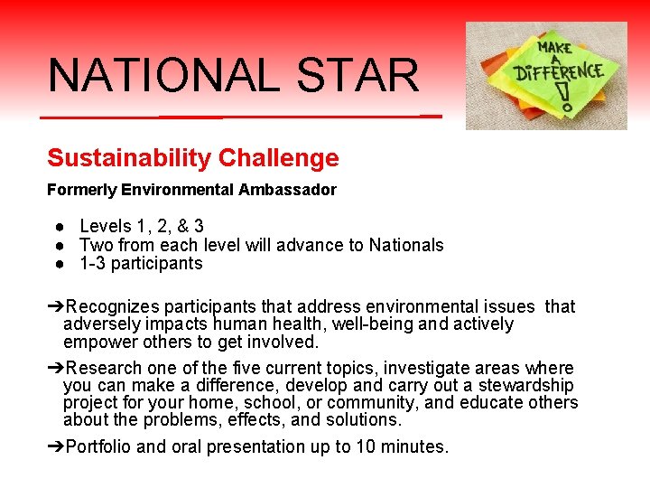 NATIONAL STAR Sustainability Challenge Formerly Environmental Ambassador ● Levels 1, 2, & 3 ●