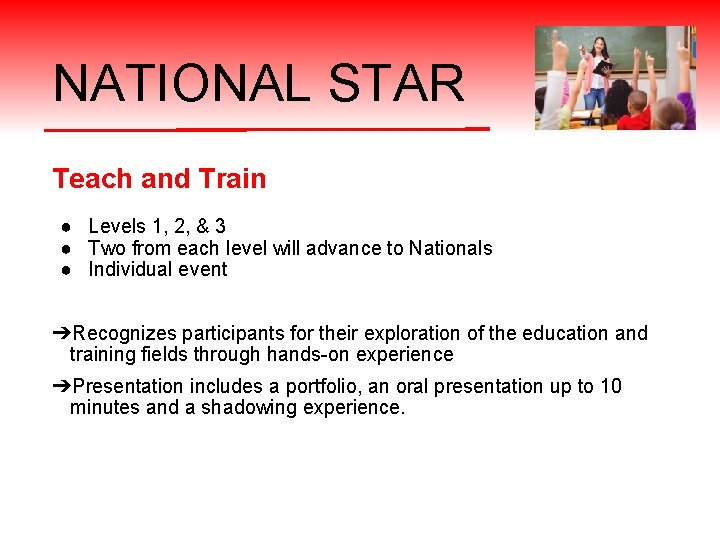 NATIONAL STAR Teach and Train ● Levels 1, 2, & 3 ● Two from