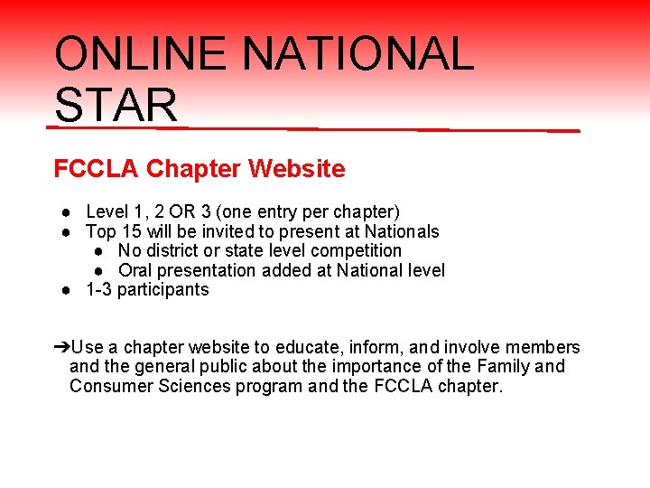 ONLINE NATIONAL STAR FCCLA Chapter Website ● Level 1, 2 OR 3 (one entry