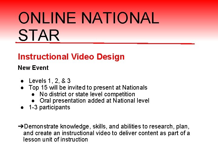 ONLINE NATIONAL STAR Instructional Video Design New Event ● Levels 1, 2, & 3