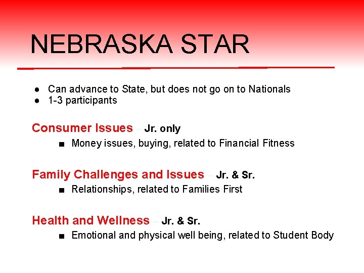 NEBRASKA STAR ● Can advance to State, but does not go on to Nationals