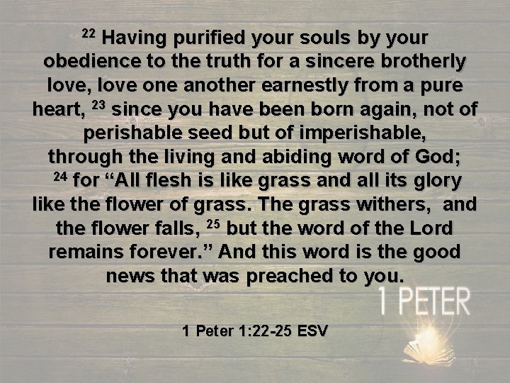 Having purified your souls by your obedience to the truth for a sincere brotherly