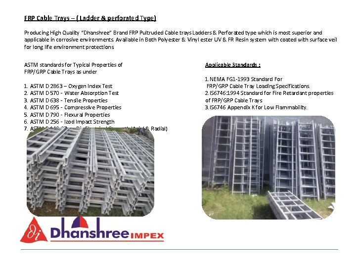 FRP Cable Trays – ( Ladder & perforated Type) Producing High Quality “Dhanshree” Brand