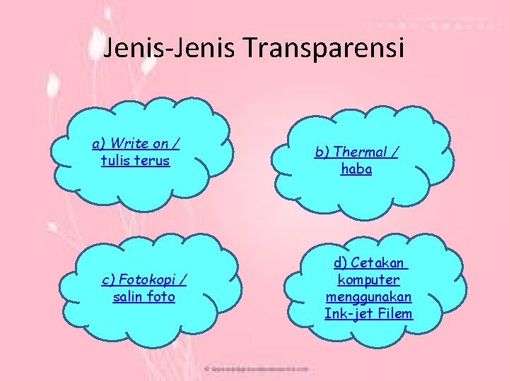 Jenis-Jenis Transparensi a) Write on / tulis terus c) Fotokopi / salin foto b)