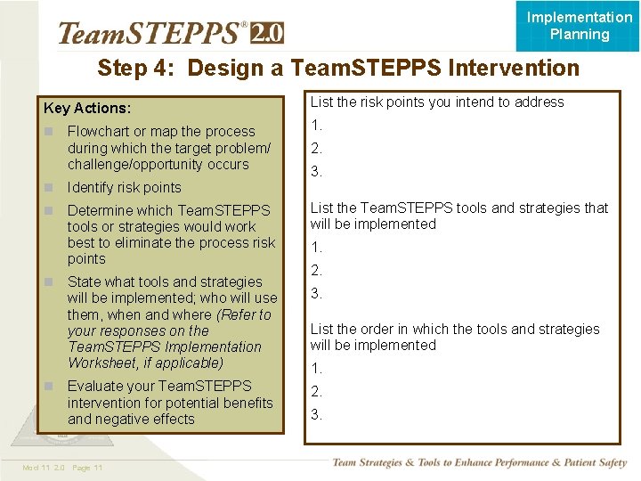 Implementation Planning Step 4: Design a Team. STEPPS Intervention List the risk points you
