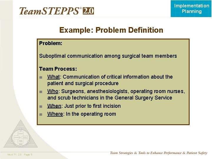 Implementation Planning Example: Problem Definition Problem: Suboptimal communication among surgical team members Team Process: