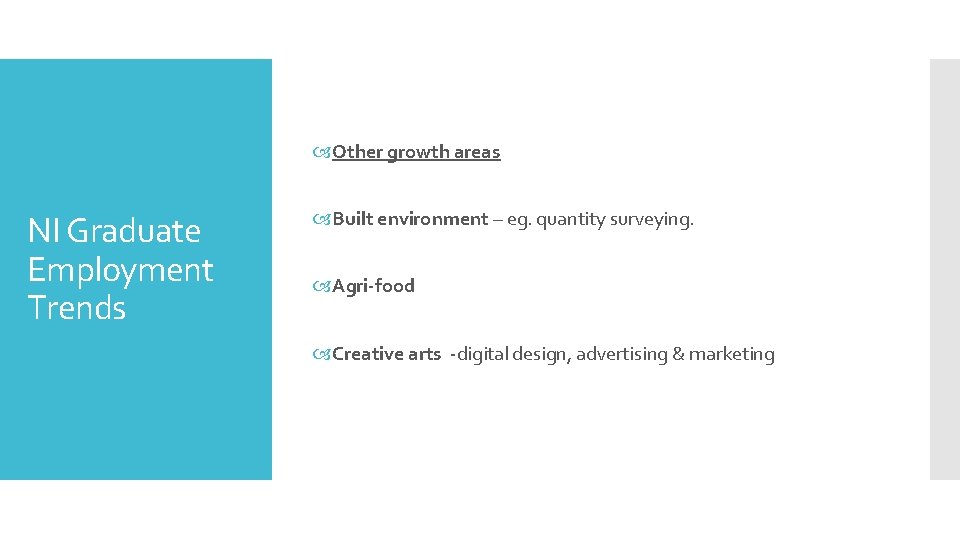  Other growth areas NI Graduate Employment Trends Built environment – eg. quantity surveying.