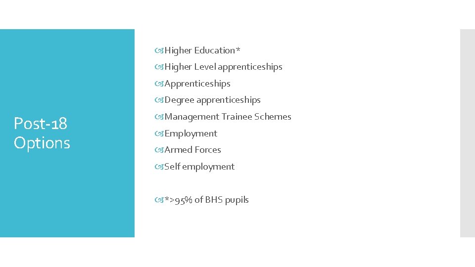  Higher Education* Higher Level apprenticeships Apprenticeships Degree apprenticeships Post-18 Options Management Trainee Schemes