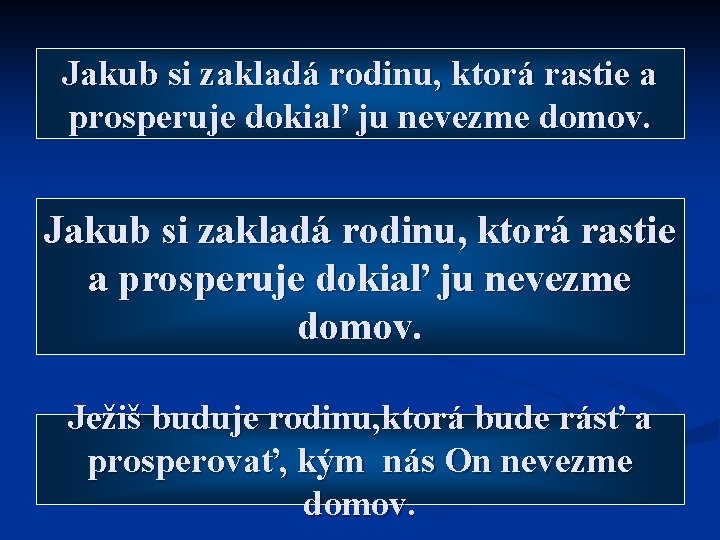 Jakub si zakladá rodinu, ktorá rastie a prosperuje dokiaľ ju nevezme domov. Ježiš buduje