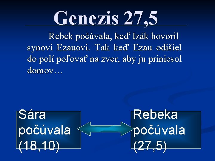 Genezis 27, 5 Rebek počúvala, keď Izák hovoril synovi Ezauovi. Tak keď Ezau odišiel