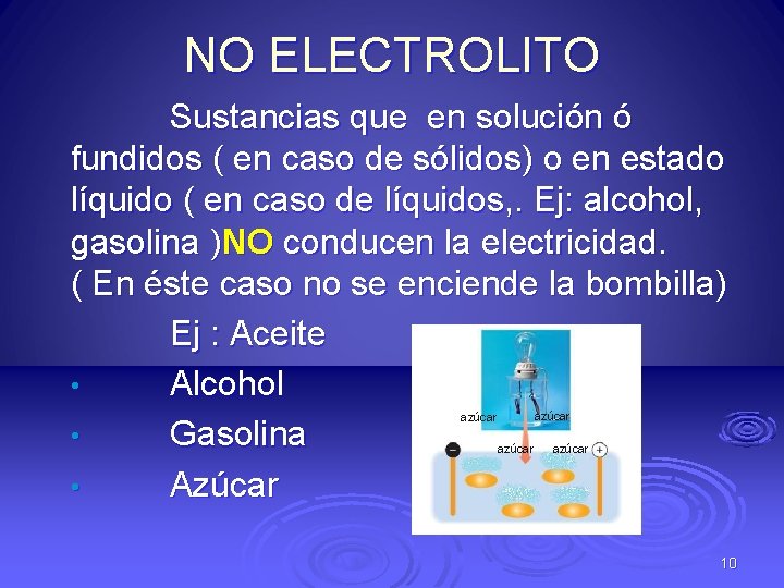 NO ELECTROLITO Sustancias que en solución ó fundidos ( en caso de sólidos) o