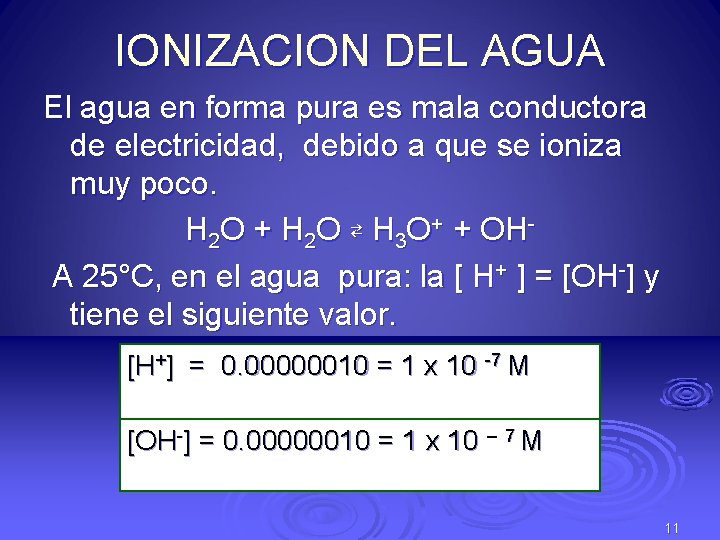 IONIZACION DEL AGUA El agua en forma pura es mala conductora de electricidad, debido