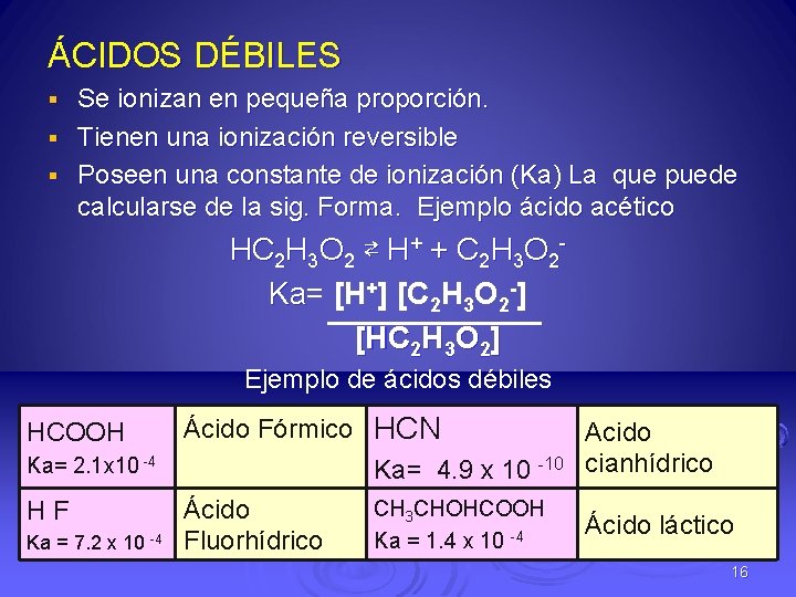 ÁCIDOS DÉBILES Se ionizan en pequeña proporción. § Tienen una ionización reversible § Poseen