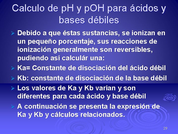 Calculo de p. H y p. OH para ácidos y bases débiles Debido a