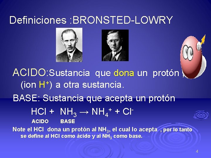 Definiciones : BRONSTED-LOWRY ACIDO: Sustancia que dona un protón , (ion H+) a otra