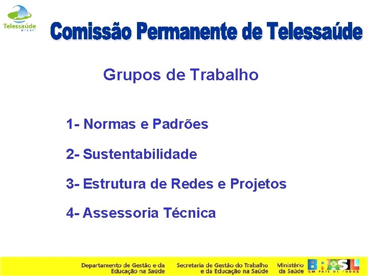 Grupos de Trabalho 1 - Normas e Padrões 2 - Sustentabilidade 3 - Estrutura