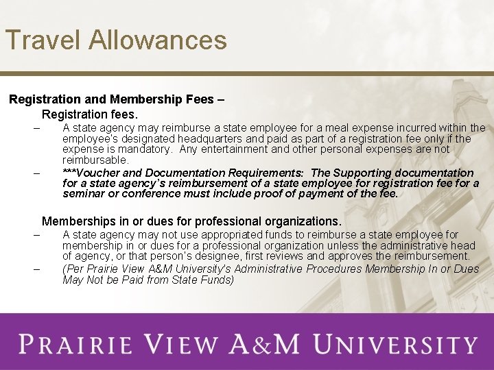 Travel Allowances Registration and Membership Fees – Registration fees. – – A state agency