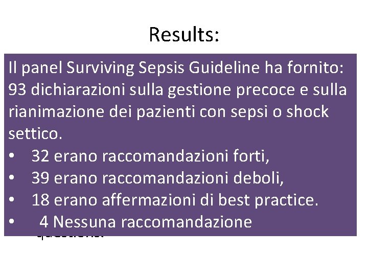 Results: Il panel Surviving Sepsis Guideline ha fornito: • The Surviving Sepsis Guideline panel