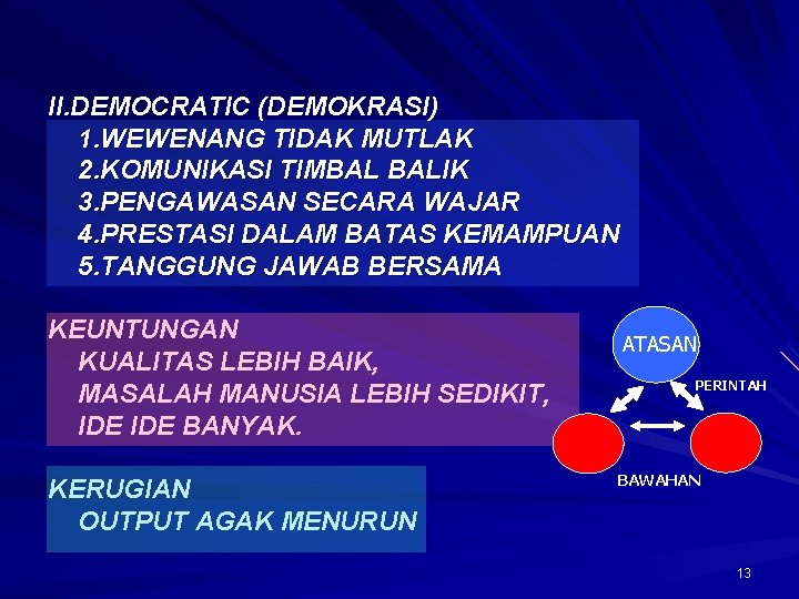 II. DEMOCRATIC (DEMOKRASI) 1. WEWENANG TIDAK MUTLAK 2. KOMUNIKASI TIMBAL BALIK 3. PENGAWASAN SECARA