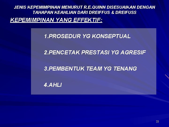 JENIS KEPEMIMPINAN MENURUT R. E. QUINN DISESUAIKAN DENGAN TAHAPAN KEAHLIAN DARI DREIFFUS & DREIFUSS