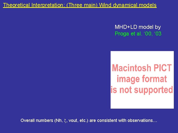 Theoretical Interpretation: (Three main) Wind dynamical models MHD+LD model by Proga et al. ‘