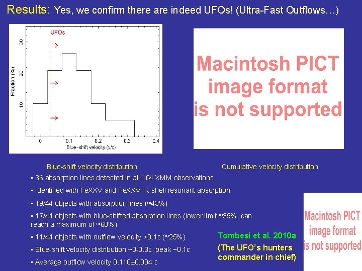 Results: Yes, we confirm there are indeed UFOs! (Ultra-Fast Outflows…) Blue-shift velocity distribution Cumulative