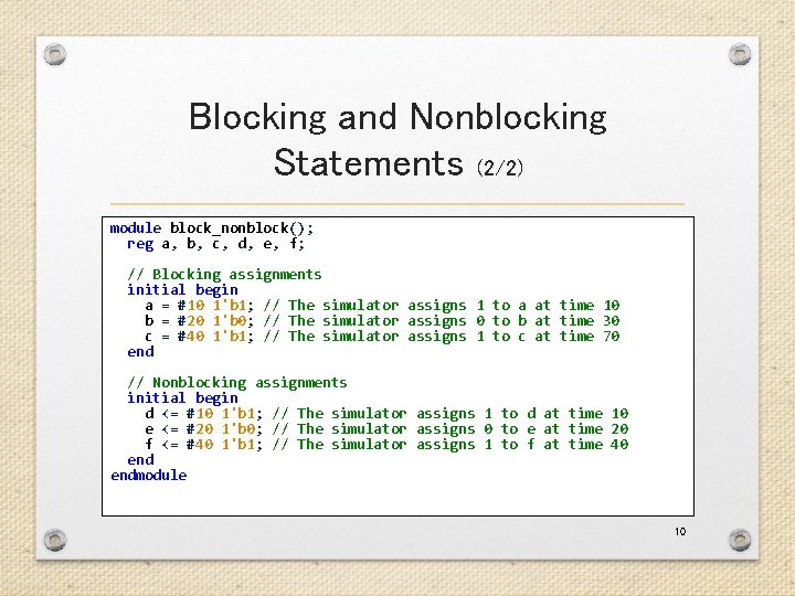 Blocking and Nonblocking Statements (2/2) module block_nonblock(); reg a, b, c, d, e, f; Blocking and Nonblocking Statements (2/2) module block_nonblock(); reg a, b, c, d, e, f;