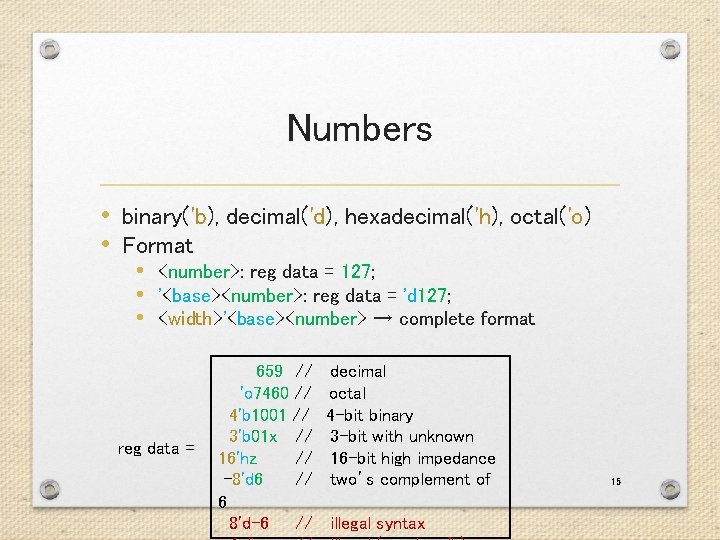 Numbers • binary('b), decimal('d), hexadecimal('h), octal('o) • Format • <number>: reg data = 127; Numbers • binary('b), decimal('d), hexadecimal('h), octal('o) • Format • <number>: reg data = 127;